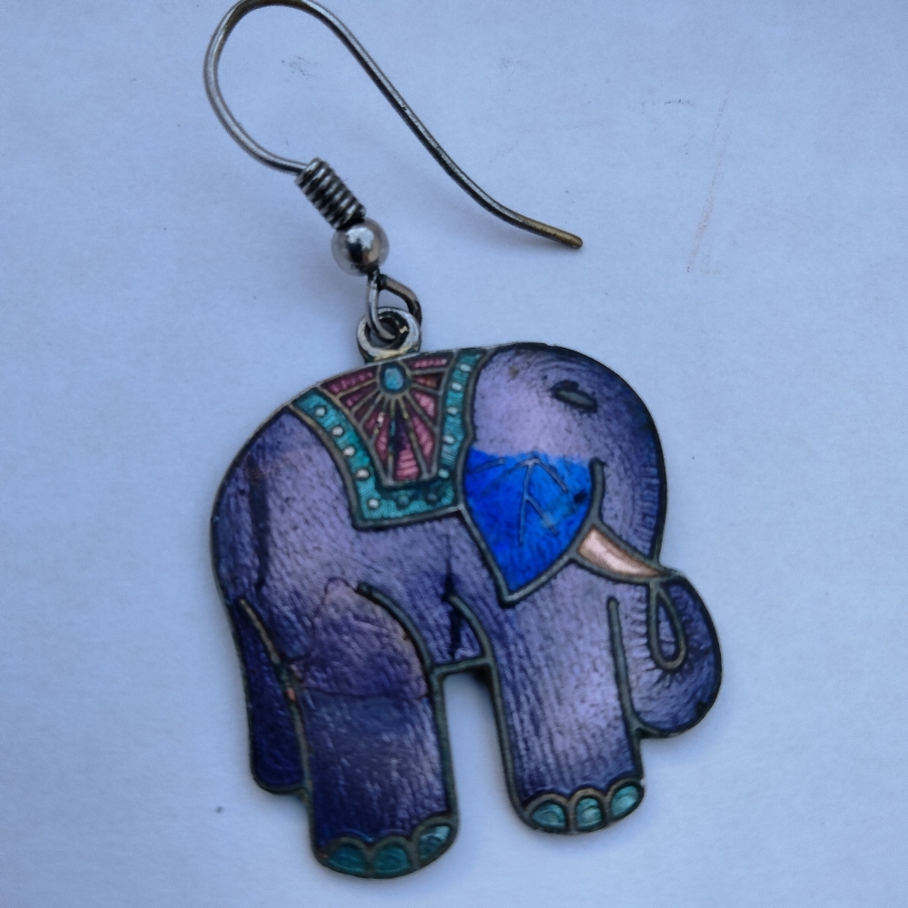 Vintage Cloisonne Enamel Purple Lucky Elephant Dangle Earrings - Picture 2 of 8